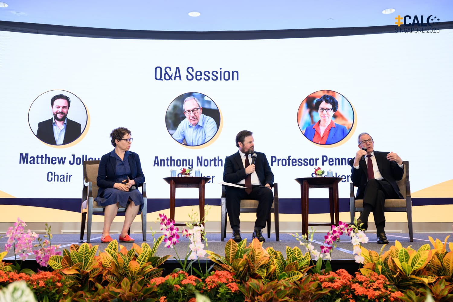 Matthew Jolley, Anthony North KC, and Professor Penney Lewis take part in a Q&A session on stage at the CALC Singapore 2026 conference.